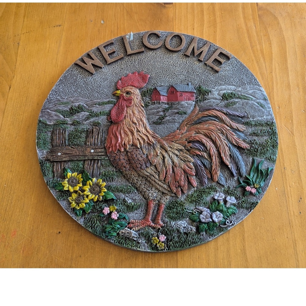 Rustic Farmhouse Rooster Welcome Wall Plaque Red Barn Sunflowers 11.5 Inch Round
